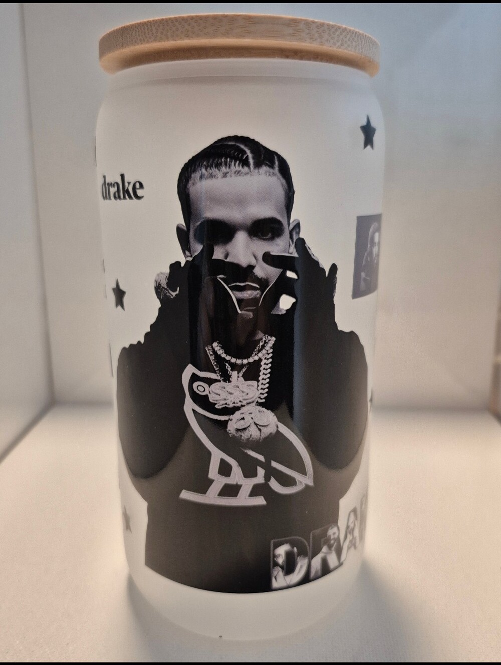 Drake Black & White Music-Themed Frosted 16oz Glass Tumbler Lid Straw